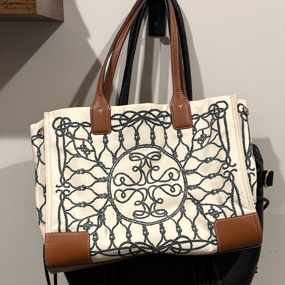Tory Burch Cream Canvas Tote with Black Rope Embroidery and Brown Leather Trim